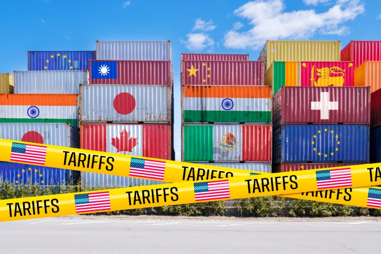Shipping containers barricaded by US tariffs tape
